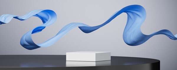 Luxury 3d podium with flying cloth. Illustration in trendy blue colors. Wide background for product and cosmetics presentation.