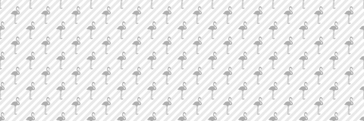 Seamless striped pattern with flamingos. Silhouettes of abstract birds. Web banner. Black and white illustration