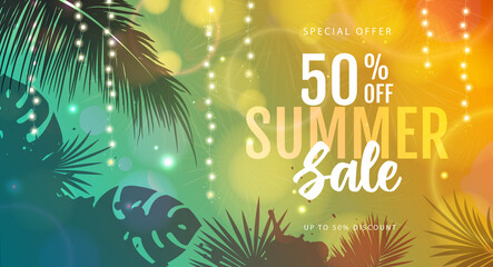 Fototapeta na wymiar Summer big sale poster with tropic leaves and string of lights. Summer party background. Vector illustration