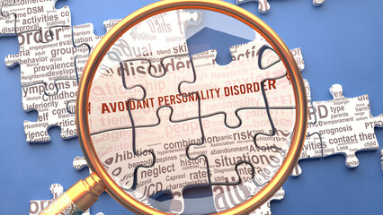 Avoidant personality disorder as a complex and complicated topic. Complexity shown as connected elements with dozens of ideas and concepts correlated to it.,3d illustration - obrazy, fototapety, plakaty