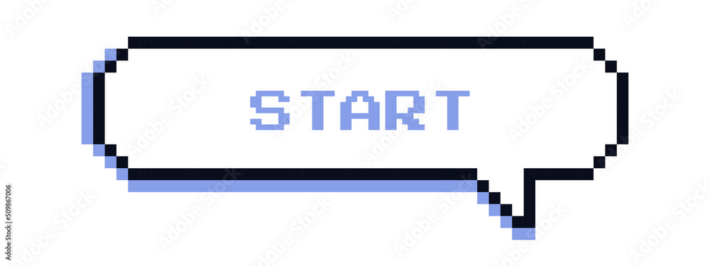 Poster pixel speech bubble. cloud with rounded corners and start inscription. graphic elements for games, o