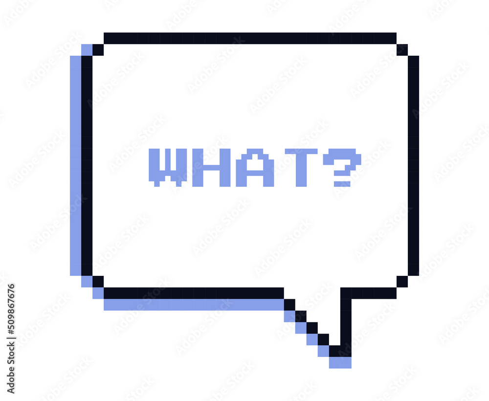 Aufkleber pixel speech bubble. large square cloud with rounded corners and what graphic elements in retro styl