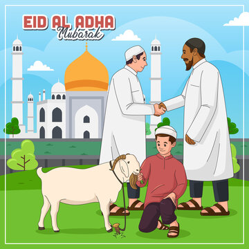 Muslim Celebrating Eid Al Adha Mubarak Vector Illustration