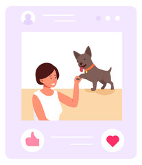 Social media post. Happy woman with dog in internet