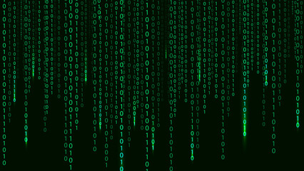 Green matrix on the dark background with different numbers and light. Big data visualization. Digital texture backdrop. Vector illustration.