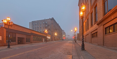 Downtown Duluth street in the morning fog