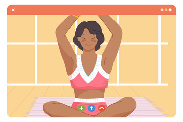 Fototapeta na wymiar Online yoga practice. Woman in meditation pose in video call window