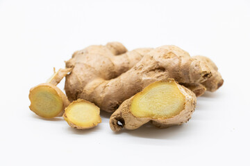 Fresh ginger on white background, Gingers in flavoring cooking. Vegan food. Ginger root