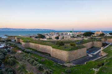 Aerial sunrise  view of Acco medieval old city with Al Jazzar mosque crusader and Ottoman city...