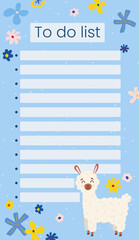 Templates page to do list for notes and goal. Organizer, daily planner, schedule, with doodle hand drawn lama or alpaca. Vector illustration