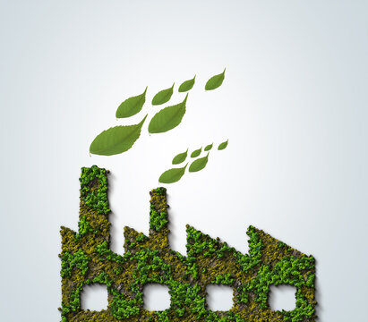 Eco friendly Green industry concept. 3d rendering of green factory icon isolated on white background. Green Trees Shape of Eco Factory. Environment friendly green economy concept.