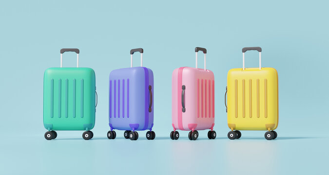 3D green purple pink yellow suitcase set isolated on pastel background travel tourism plane trip planning tour, leisure touring holiday summer concept. Minimal cartoon luggage. 3d render illustration