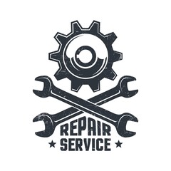 Mechanical repair workshop - retro logo with gear and wrenches. Spanner and gear wheel - vintage emblem.