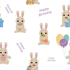 Seamless pattern with bunnies. Happy Birthday, party. wrapping with different rabbits.	
