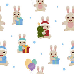 Vector seamless pattern with bunnies, rabbits. New Year 's seamless pattern. Winter pattern