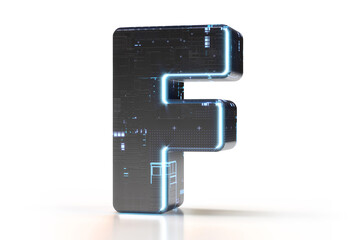 Electronic scheme 3D font alphabet letter F. Suitable for technology, electronics, engineering, digital, gaming, science fiction and robotic concepts. High quality 3D rendering.