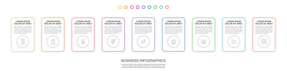 Vector line infographics with nine circles and rectangles. Business concept graphic process template with 9 steps and squares. Modern and simple graphic timeline for a project on white background