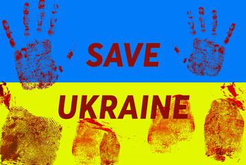 Call for help on the flag of Ukraine traces of blood