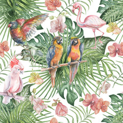 
Bird flowers and leaves  watercolor illustration hand drawn composition isolated elements on white background nature jungle patern seamless
