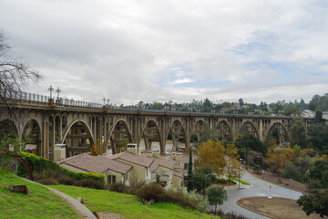 Image of the Colorado Street Bridge in Pasadena shown on a cloudy day.