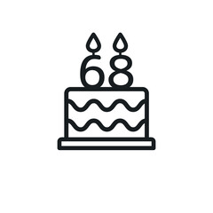 Birthday cake line icon with candle number 68 (sixty-eight). Vector.
