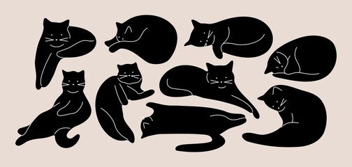 Sleeping cats. Funny doodle abstract cartoon pet animals, kitten characters design in different poses. Vector flat set