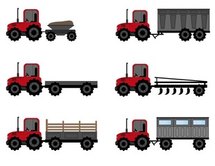 Tractor, set of tractors with trailer and containers isolated on white background. Sowing season or Agriculture concept. vector illustration.