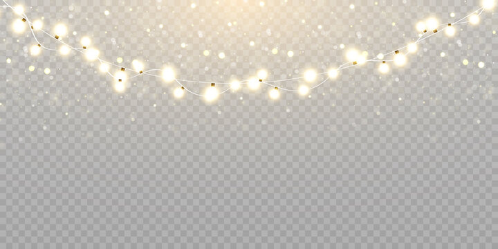 Christmas lights isolated on transparent background. Set of golden Christmas glowing garlands with sparks. For congratulations, advertising design invitations, web banners. Vector