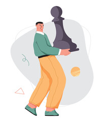 Person carrying giant black chess piece or chessman, pawn. Chess game. Business, leadership, strategy and tactics concept. Chess pieces. Flat vector illustration isolated on white background