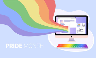 Pride Month flat vector illustration computer and abstract flag in Lgbt rainbow colors on abstract background