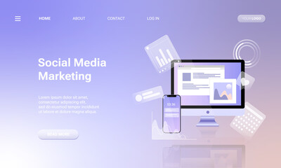Landing page template with laptop computer, charts, internet indicators and smartphone. Concept of online tool or service for social media analytics and SMM. Vector illustration for website.