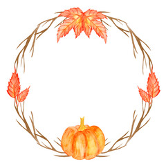 Bright watercolor illustration for the autumn holidays, a wreath of branches with red leaves and orange pumpkins.
