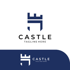 Castle logo silhouette, castle logo with shield combination design vector illustration template.