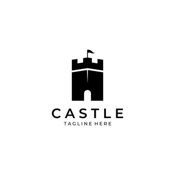 Castle logo silhouette, castle logo with shield combination design vector illustration template.