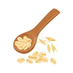 Oats in wooden spoon, pile of oat flakes and ear. Vector cartoon illustration.