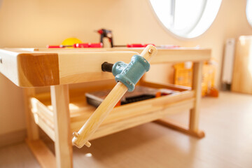 Children's playroom with plastic colorful educational blocks toys. Games floor for preschoolers kindergarten. interior children's room.