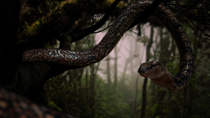 Cobra snake claw on the big tree in the jungle with 3d rendering. 