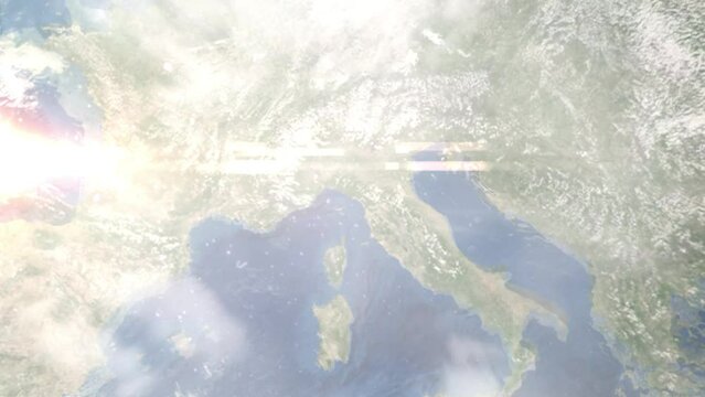 Earth zoom in from outer space to city. Zooming on La Spezia, Italy. The animation continues by zoom out through clouds and atmosphere into space. Images from NASA
