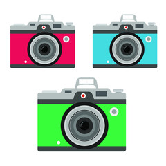Photo camera icon isolated on white background, photocamera pictogram, red camera flat modern design in outline linear thin line style, photo camera image vector illustration 
