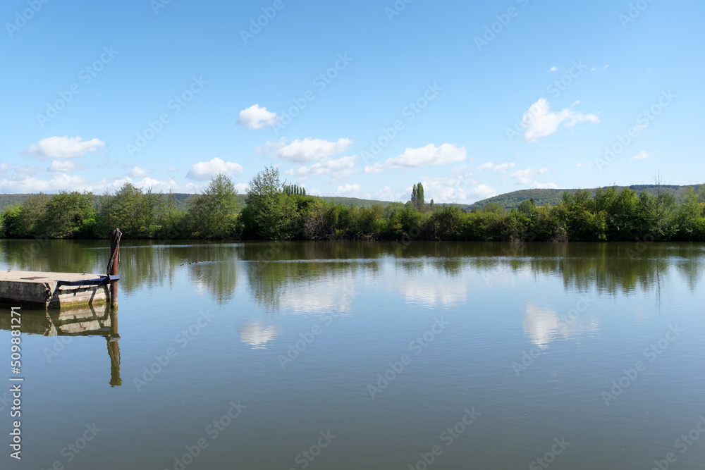 Poster Seine river bank near Vernon village in Normandy region 