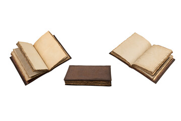 An open empty old notebook isolated on a white background.