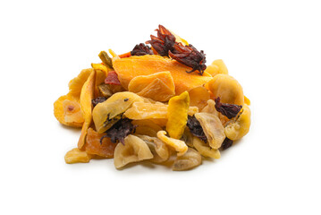 Mix of dried exotic fruit, mangos,slices of pineapples, passion fruit, papaya.