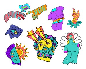 Set of psychedelic trippy greek sculpture. Greek sculpture multicolored stickers pack. Set of cartoon vector illustrations in trendy psychedelic style 