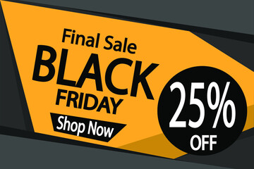 25% off black friday. Banner 25% discount para promoção final in black.