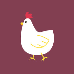 Hen illustration in white colors. Chicken flat icon. Hen vector on Purple background.