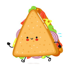 Cute funny running sandwich. Vector hand drawn cartoon kawaii character illustration icon. Isolated on white background. Run sandwich concept
