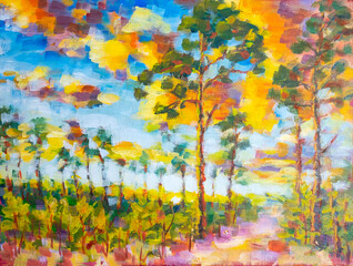 Obraz na płótnie Canvas Sunny forest wood trees Original oil painting