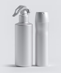 3d rendering, hairspray, hair foam, hair styling products, silver bottle on a white background