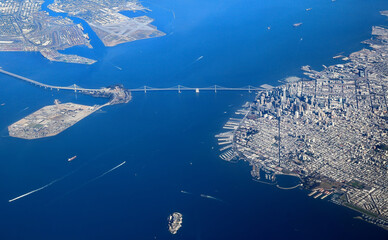 Aerial view of the San Francisco Bay Area Showing Downtown San Francisco, Alcatraz, the Bay Bridge...