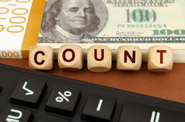 Next to the calculator and dollars are cubes with the inscription - COUNT
